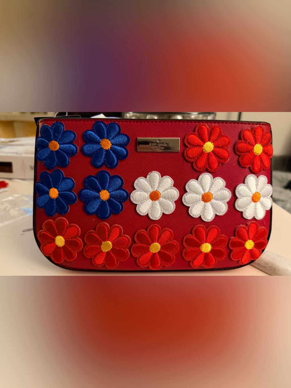 Kate Spade Red, White, and Blue floral applique wristlet pouch